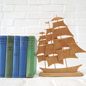 Vintage Wooden Model Ship // Handmade Schooner Ship Sculpture 2D Cutout Silhouette Statue, Nautical Beach House, Light Wood Rustic