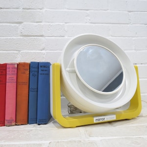 Vintage Vanity Mirror // Mod Yellow White Makeup Mirror by Clairol, Double-Sided Magnifying and Regular Mirrors, Tabletop Swiveling Lighted