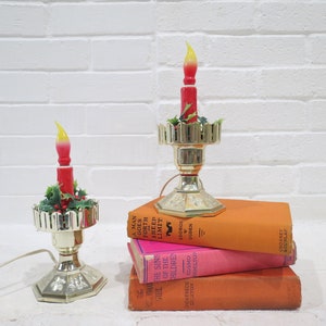 Vintage Christmas Lanterns Pair // Mid Century Modern Electric Candle Lamp Retro Gold Plastic Kitschy Holiday Window Decor Nightlight Red