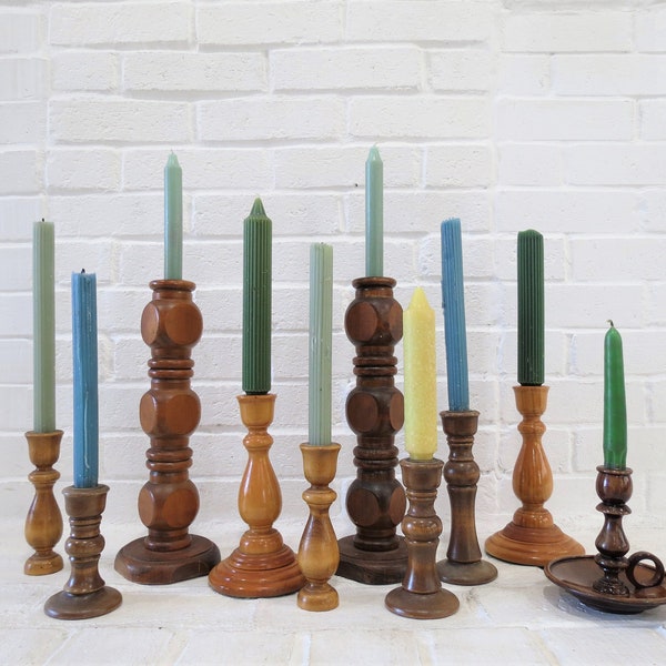 Vintage Wooden Candlesticks Collection // 10 Wooden Candleholders, Mismatched Rustic Boho Centerpiece, Wedding Decorations Mid Century