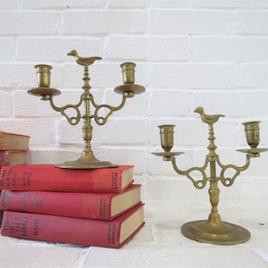 Brass Candelabras Pair // Vintage Double-Arm Gold Metal Taper Candle Holders Pigeon Duck Dining Centerpiece Wedding Decor Farmhouse Rustic