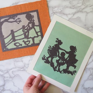 Vintage Silhouettes Pair // Unframed Girl Silhouette Portraits, Silhouette Collection Art, Orange Green Retro Paper Crafts Landscape Scene