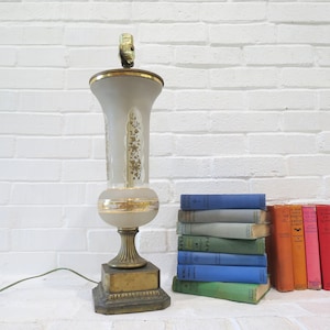 Antique Glass Lamp // Rustic Glass Table Lamp with Gold Floral Pattern, Frosted Clear Glass, Farmhouse Victorian Lighting, Distressed