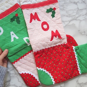 Parents' Stockings Pair // Vintage Mom and Dad Fabric Christmas Stocking Red Green White Kitsch Nostalgic Holiday Quilted Sewn 1970's 1980's image 1