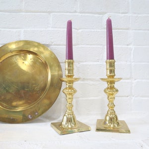Rustic Brass Candlesticks Pair // Vintage 8&quot; Traditional Classic Gold Metallic Taper Candle Holders Reproduction Antique Style Victorian