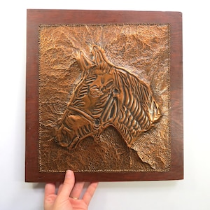 Vintage Copper Horse Portrait // Hammered Stamped Raised Relief Copper Metal Wall Hanging Art Rustic Brutalist Equestrian Southwestern Decor