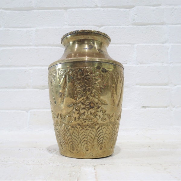 Antique Brass Vase // Embossed Stamped Floral Brass Vase, Ornate Metal Urn, Intricate Repousse Leaf Art Deco Nouveau Design Gold Metal