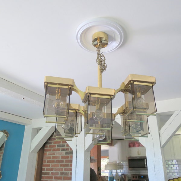 Vintage Sciolari Chandelier // Large Mid Century Modern Gold Metal Brass Brutalist Italian Style Cubist Light Fixture 9 Lamp Smoked Glass