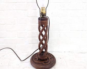 Twisted Wooden Lamp // Antique Sculptural Barley Twist Table Lamp Handmade Woodworking Folk Art Carving Vintage Turned Wood Lighting