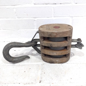 Farmhouse Vintage Pulley Hook // Antique Style Barn Salvage Hardware, Wooden Rope Pulley Block, Triple Wheel Style with Hook, Industrial