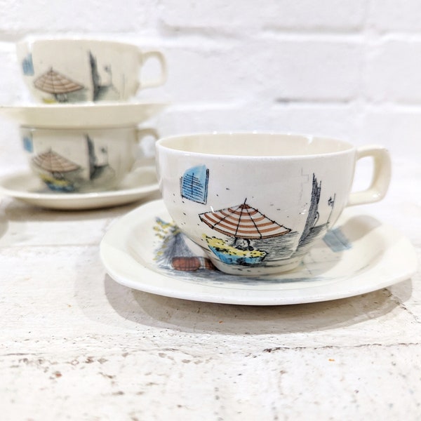 Midwinter Riviera Teacup and Saucer // Vintage Mid Century Modern Illustrated Tea Coffee Cups French Riviera Scenes Hugh Casson Cannes