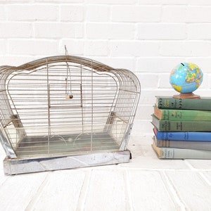 Vintage Clamshell Bird Cage // Art Deco Crown Bird Cage, Rustic Decorative Hanging Tabletop Wire Bird Cage Plant Hanger 1940&#39;s Style Chrome