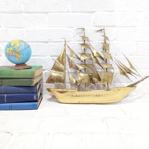 Brass Model Ship // Vintage Large Brass Ship Sculpture, Brutalist Schooner Nautical Beach House, Gold Metal Model Boat w/ Sails Figurine
