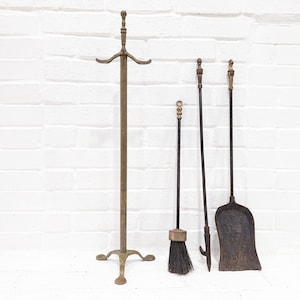 Mismatched Vintage Fireplace Tools Set // Retro Brass and Iron Classic Design Fireplace Hardware Broom Shovel Poker with Stand Mid Century