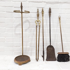 Mismatched Vintage Fireplace Tools Set // Brass Finial Design Fireplace Hardware Broom Shovel Tongs Poker Iron Brass Classic Antique