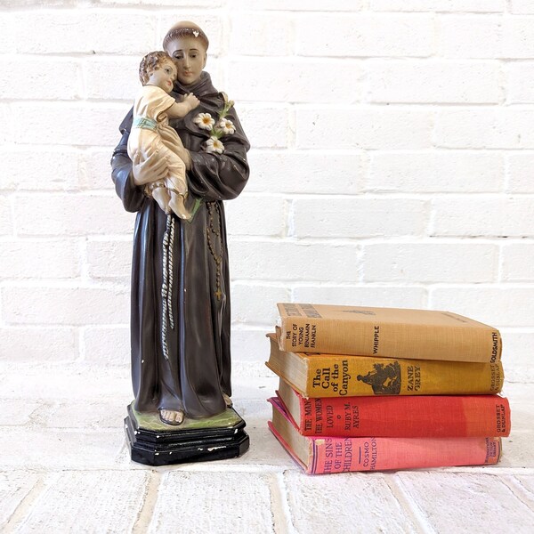 Vintage Saint Anthony Statue // St. Anthony of Padua w/ Child Chalkware Plaster Religious Statue Catholic Figurine 1959 Stamped Chippy