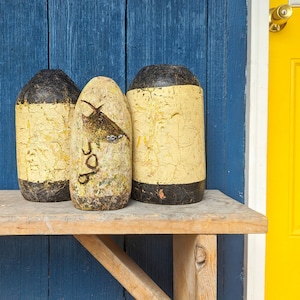 Vintage Painted Buoys // Maine Lobster Buoys, Nautical Beach House Decor, Lobstering Fishing Buoys, Retired Salvaged Black and Yellow Stripe