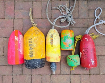 Maine Buoy Lot // Vintage Painted Buoys, Nautical Beach House Decor, Lobstering Fishing Buoys, Retired Salvaged Colorful Collection Stamped