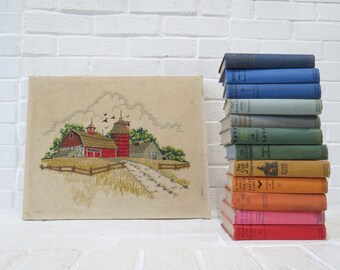 Vintage Embroidered Farm Art // Rustic Barnyard Scene, Crewel Yarn Embroidery, Retro Mid Century Wall Art Farmhouse Fields Sunset Designs