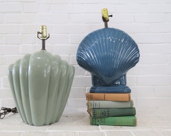 Vintage Blue Shell Lamp // Beach House Pottery Lamp, Ceramic Table Lamp, Art Deco Nautical Clamshell Shape, Glossy Blue Glaze Coastal