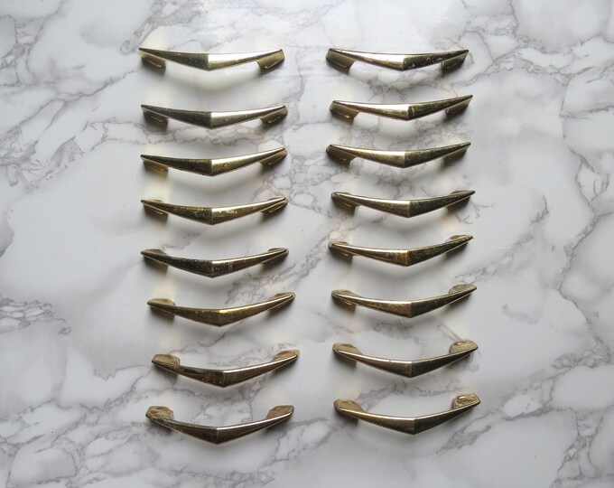 Mid Century Drawer Pulls Set // Vintage Set of 16 Brass Finished
