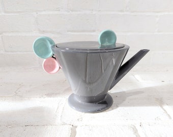 Mikasa Post Modern Teapot // Vintage Memphis Style Pop Art Ceramic Teapot Coffee Serving Pot, Geometric Bubble Design Gray Green Pink