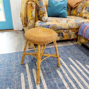 Vintage Wicker Stool // Furniture Plant Stand, Bohemian Boho Cottage Stool Seat Chair, Bamboo Rattan Wooden Franco Albini Style Mid Century