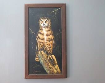 Vintage Owl Painting // Mid Century Modern Original Framed Bird Portrait, Canvas Painting, Black and Brown, Bohemian Art Bird Lover Gift