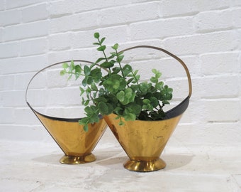 Art Deco Baskets Pair // Vintage Brass Planter Baskets, Set of TWO Brass Finished Gold Metal Mid Century Floral Vases, Centerpieces