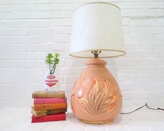 Large Mid Century Lamp // Vintage Orange Glazed Pottery Lamp with Jungle Leaf Cutout Nightlight Base Bohemian Boho Peach Gold 1960's 1970's