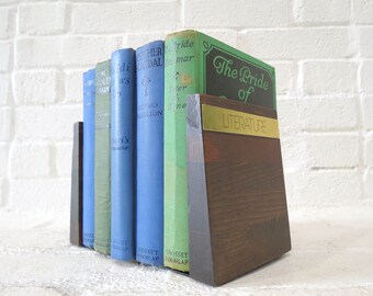 Vintage Wooden Bookends Pair // SET of TWO Retro Minimalist Modern Book Holders, Literature Typography Brass Plaques, Home Office Library