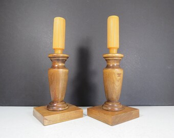 Wooden Candlesticks Pair // Vintage Wooden Taper Candle Holders, Turned Style Wood Primitive Rustic Candleholders Centerpiece Farmhouse