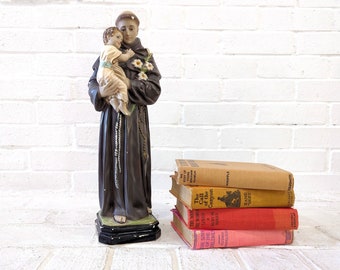 Vintage Saint Anthony Statue // St. Anthony of Padua w/ Child Chalkware Plaster Religious Statue Catholic Figurine 1959 Stamped Chippy