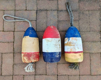 Patriotic Buoy Lot // Maine Painted Buoys, Vintage Nautical Beach House Decor, Lobstering Fishing Buoys, Retired Salvaged