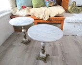 Marble and Brass Tables Pair Vintage Set of Two Small End Tables or Nightstands, Brass Plant Stands, Bohemian Hollywood Regency Bronze
