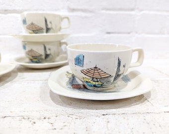 Midwinter Riviera Teacup and Saucer // Vintage Mid Century Modern Illustrated Tea Coffee Cups French Riviera Scenes Hugh Casson Cannes