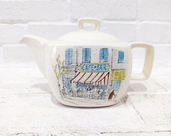 Midwinter Riviera Teapot - DAMAGED // Vintage Mid Century Modern Illustrated Teapot French Cannes Hugh Casson Display Piece Only AS-IS