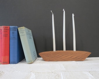 Mid Century Candelabra // Vintage Carved Wooden Candle Holder Centerpiece Danish Modern, Host Gift Idea Mod Minimalist Small-Taper Size