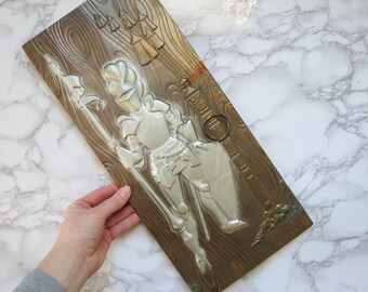 Vintage Brass Knight Wall Hanging in Brass and Silver // Vintage Dimensional Embossed Stamped Metal Plaque Wall Art Medieval Fantasy Decor