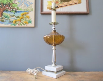 Vintage Amber Glass Table Lamp // Mid Century Golden Glass Lamp Marble Stone Base, Bohemian Boho, Hollywood Regency Modern Bedside Light
