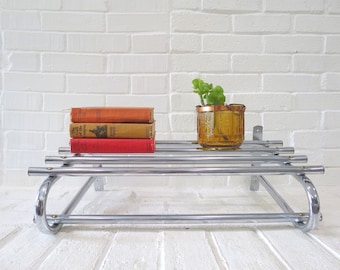 Vintage Hat and Coat Rack // Train Style Storage Rack, Overhead Luggage Shelf, Chrome Silver Metal Bathroom Storage, Industrial Shelving