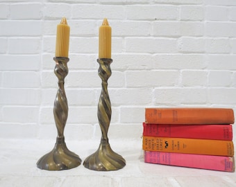 Twisted Brass Candlesticks Pair // Vintage 10" Tall Solid Brass Taper Candle Holders, Glam Multicolor Stripe Finish, Boho Centerpiece Set