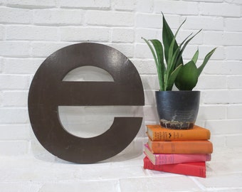Vintage Sign Letter "e" // Large Masonite Faux Wood Sign Letter, Marquee Letter, Brown Painted Finish, Advertising Industrial Mod Font