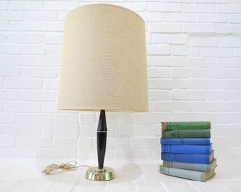 Mid Century Lamp w/ Shade // Vintage Plastic and Metal Table Lamp, Textured Fabric Lampshade, Mod Lighting, Black and Gold 1950's 1960's