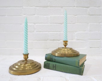 Wide Brass Candlesticks // Vintage Round Brass Taper Candle Holders Pair, Mid Century Modern Centerpiece, Minimalist Simplistic Style