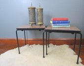 Vintage Stacking Tables or Stools Pair of Mid Century Modern Black Metal and Faux Wood Small End Side Tables Matching Set of Two