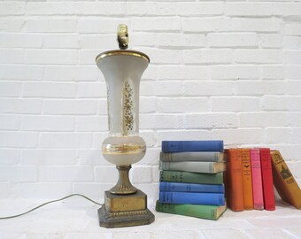 Antique Glass Lamp // Rustic Glass Table Lamp with Gold Floral Pattern, Frosted Clear Glass, Farmhouse Victorian Lighting, Distressed