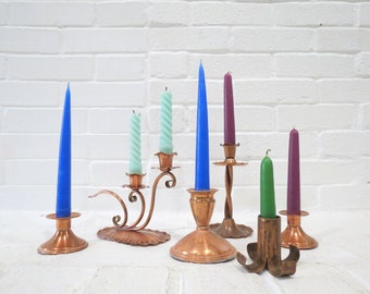 Copper Candlesticks Collection // Set of 6 Vintage Assorted Brass Candleholders Candelabra Wedding Decorations Mid Century Modern