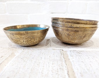 Vintage Brass Bowls Set // Small Stacking Brass Bowls Etched Birds Dragon Tarnished Asian Chinoiserie Decor Candle Holders Succulent Planter