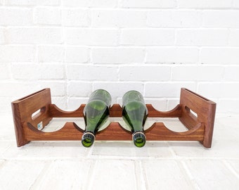 Kalmar Teak Wine Rack // Vintage Mid Century Modern Wine Bottle Holder, Minimalist Barware Display, 4 Bottle Space, Wine Cellar Rack Stand